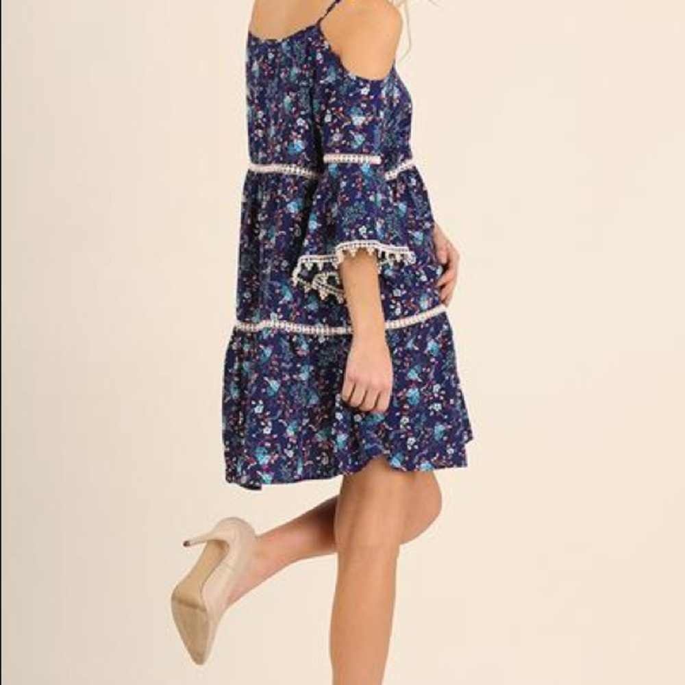 Umgee Navy floral cold shoulder dress